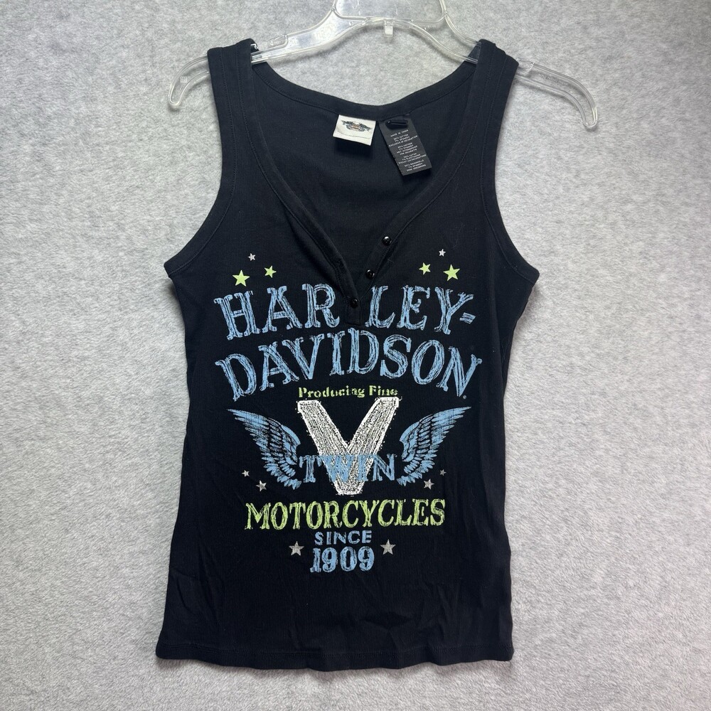Harley Davidson Tank Top V-Twin Motorcycles Black Womens Large Biker Wings